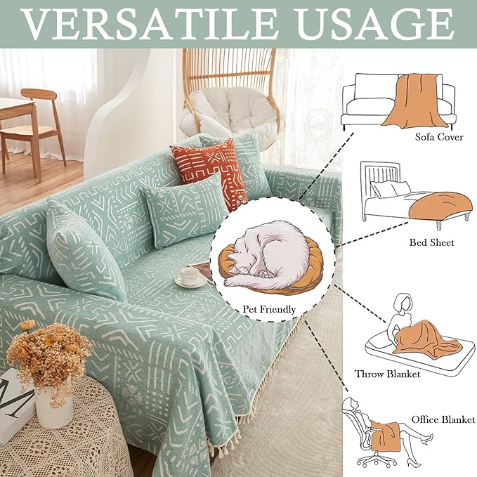 HANDONTIME Farmhouse Couch Cover Tassel Light Green Sofa Covers for Dogs Boho Décor Geometric Aztec Couch Cushion Cover Sofa Protector Cover Sectional Couch Covers for 3 Cushion Couch, 71" X134"