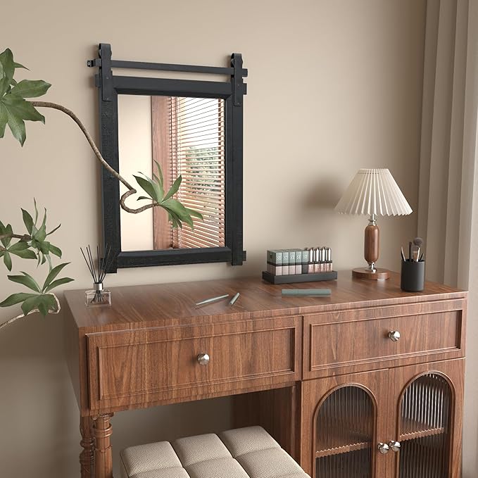 Farmhouse Barn Door Mirror: 22"x30" Black Rustic Wood Frame Mirror for Wall - Home Decor for Entryway/Bathroom/Living Room