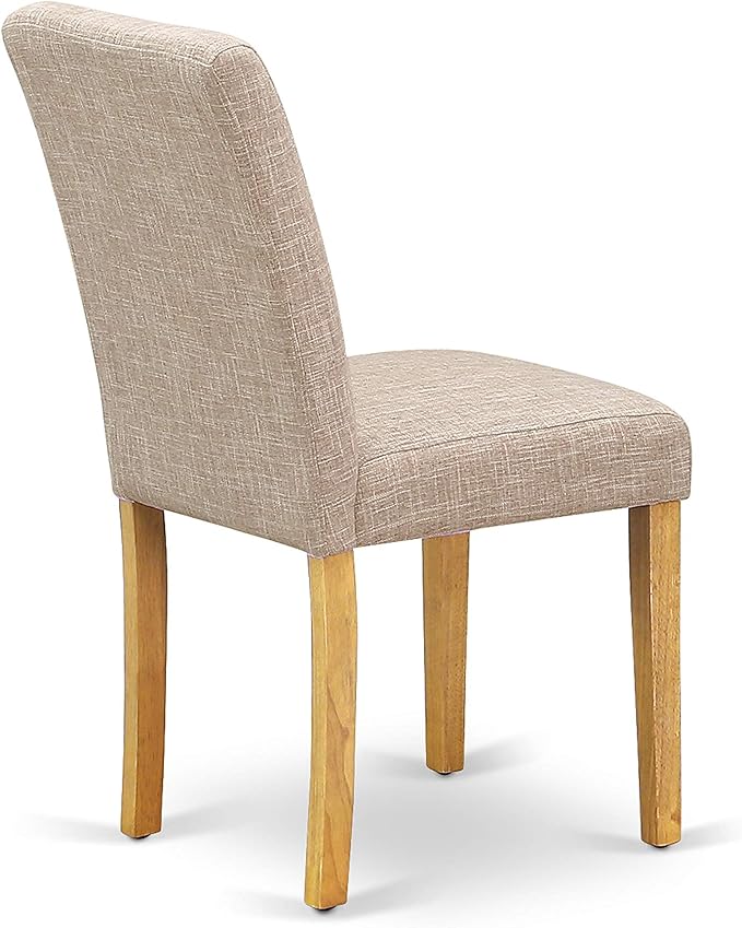 East West Furniture DMAB3-OAK-04 3 Piece Kitchen Table Set Contains a Round Dining Room Table with Dropleaf and 2 Light Tan Linen Fabric Parsons Dining Chairs, 42x42 Inch, Oak