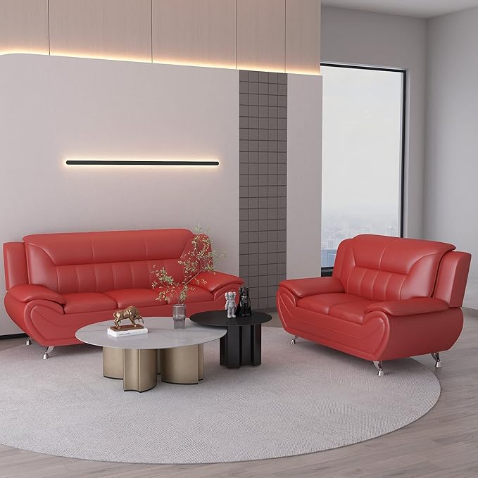 Container Furniture Direct Michael Modern Faux Leather Upholstered Stainless Steel Legs Living Room Loveseat, Persian Red