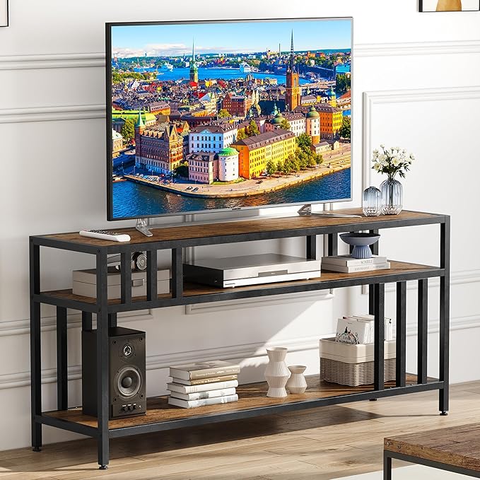 Garvee 58" TV Stand for Television up to 65 Inches, Entertainment Center with 3-Tier Open Shelves, TV Media Console Table with Quadruple-Tube Support for Living Room, Entryway, Rustic Brown