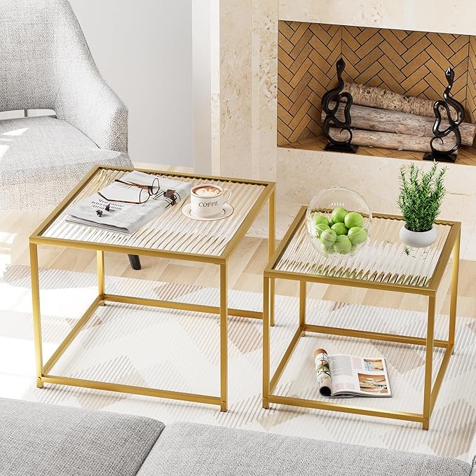 Garden 4 you Coffee Table Set of 2, Modern Patterned Glass Nesting Table, Metal Frame Square Center Table Set, Side Tables, Nesting Coffee Table for Living Room, Bedroom and Small Spaces, 23.6in Gold