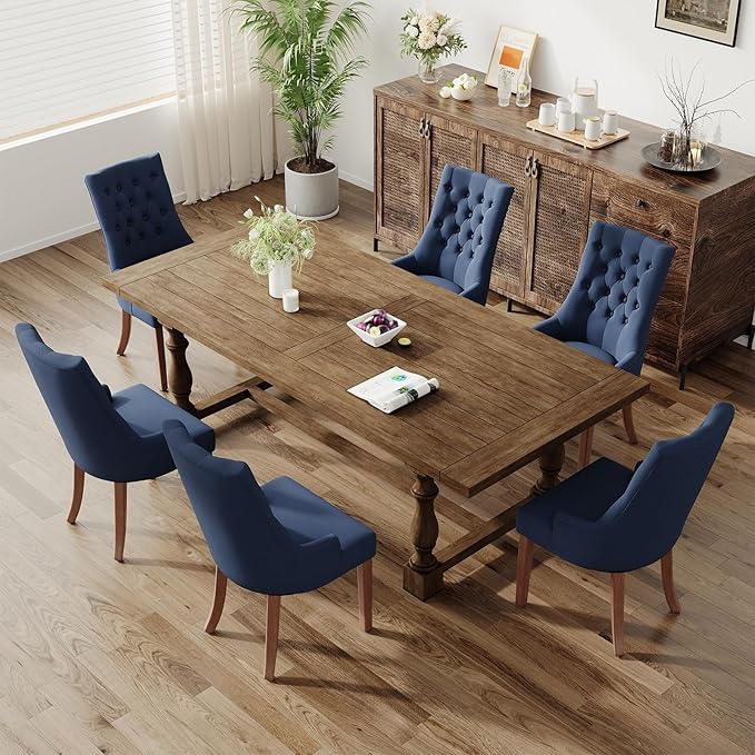 COLAMY Wingback Upholstered Side Dining Room Chairs Set of 2, Fabric Dining Chairs with Tufted Button, Living Room Chairs for Home Kitchen, Blue