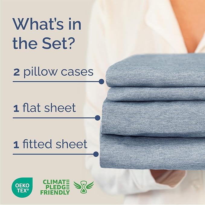 Queen Size 4 Piece Sheet Set - Comfy Breathable & Cooling Bed Sheets Set - Hotel Luxury Bedding for Women, Men, Kids, Teens, Boys & Girls - Deep Pockets, Soft & Wrinkle Free - Blue (Heathered Sheets)