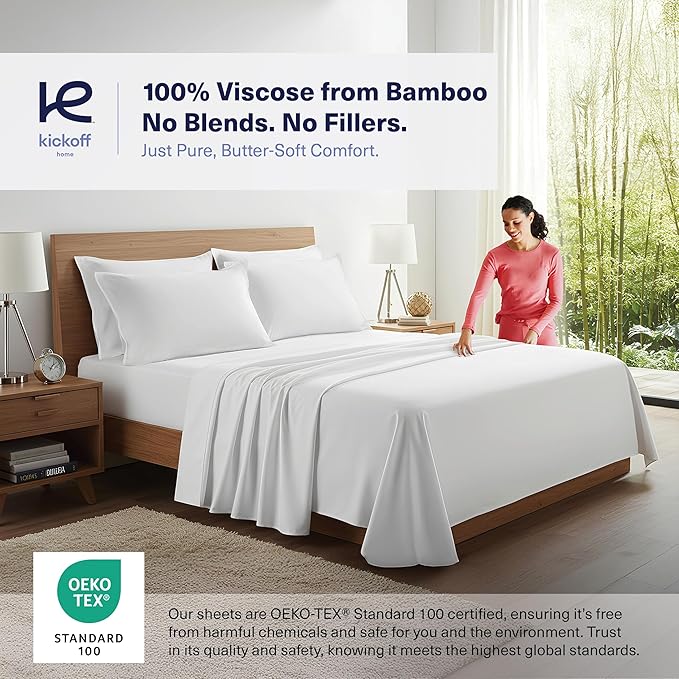 Kickoff Viscose Bamboo Sheets Twin XL Size 3-pc 100% Organic Bamboo Viscose Bed Cooling Sheets Twin XL Size Set Cool Bedding for hot Sleepers Sheet, Flat, Fitted, Pillowcase (Snow White, TXL)