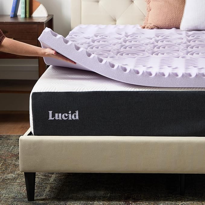 Lucid Lavender Infused 3 Inch Memory Foam Mattress Topper - California King Size - Plush Feel - 5 Convoluted Zones - CertiPUR Certified - New Home Owner & Dorm Room Essentials