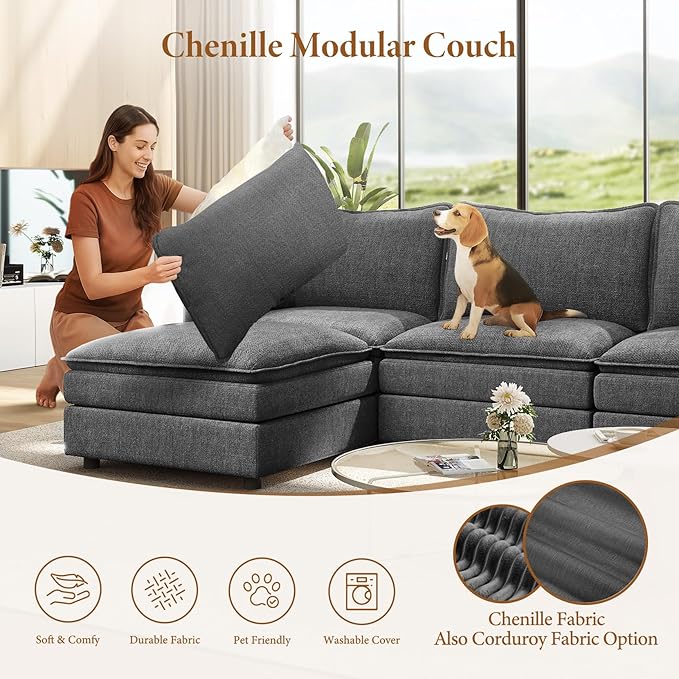 Vesgantti 108" Modular Sectional Sofa, Comfy Cloud Couch with Movable Ottoman Deep Seat Chenille L Shaped Modular Sofa, Sectional Couches for Living Room, Bedroom and Apartment, Gray