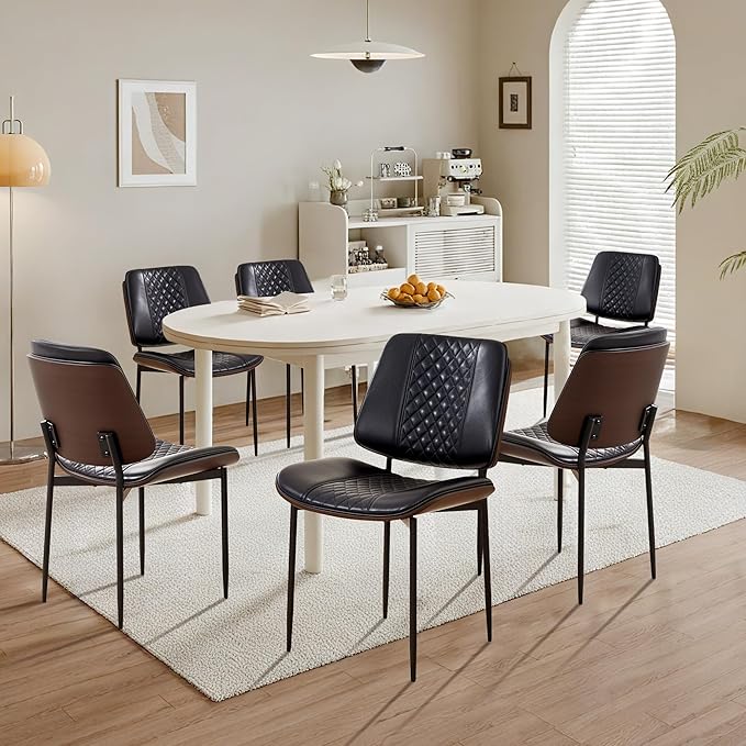 Dining Chairs Set of 2, Upholstered PU Leather Armless Chair, Mid Century Modern Dining Room Chairs, Retro Walnut Bentwood Kitchen Chair with Metal Legs and Adjustable Feet, Black