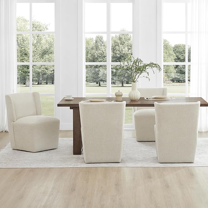 Upholstered Dining Chair with Casters Wingback Modern Side Armless Deskchair with Rollers for Diningroom Bedroom Livingroom Reading Room,Cream Beige,4 Box