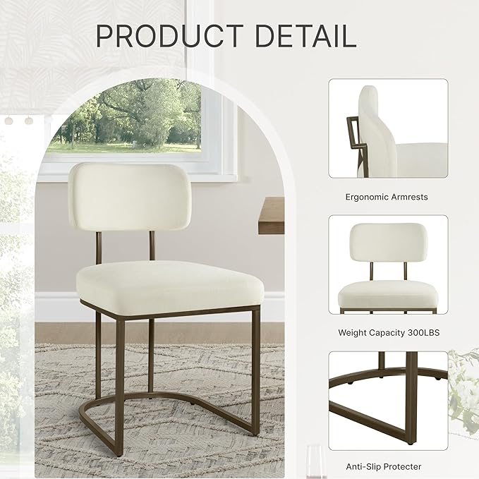 Dining Chairs Set of 6, Upholstered Modern Kitchen Chairs with Ergonomic Backrest, Fabric Cushion Seat & Metal Legs for Living Room, Restaurant, and Café, Ivory, 2Boxs