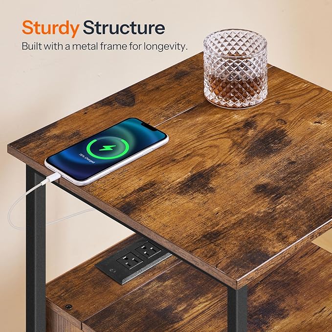 HOOBRO End Table Set of 2 with Charging Station, Nightstand with 2 Drawer & USB Ports & Power Outlets, Bedside Table for Small Spaces, Stable and Sturdy, for Living Room, Rustic Brown BF43UBZP201