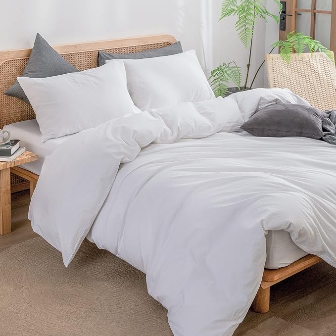 BESTOUCH Duvet Cover Set 100% Washed Cotton Linen Feel Super Soft Comfortable Chic Lightweight 3 PCs Home Bedding Set Solid Bright White Oversized Queen