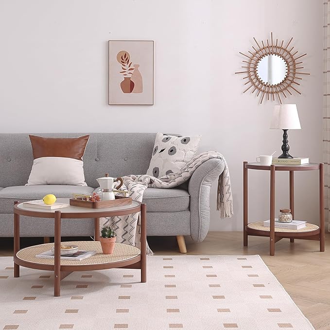 Tiita Rattan Coffee Table, Large Round End Table, 27.6 Inch Modern Side Table, Living Room Side Table, Glass Sofa End Table for Balcony and Office Outdoor/Indoor (Walnut)