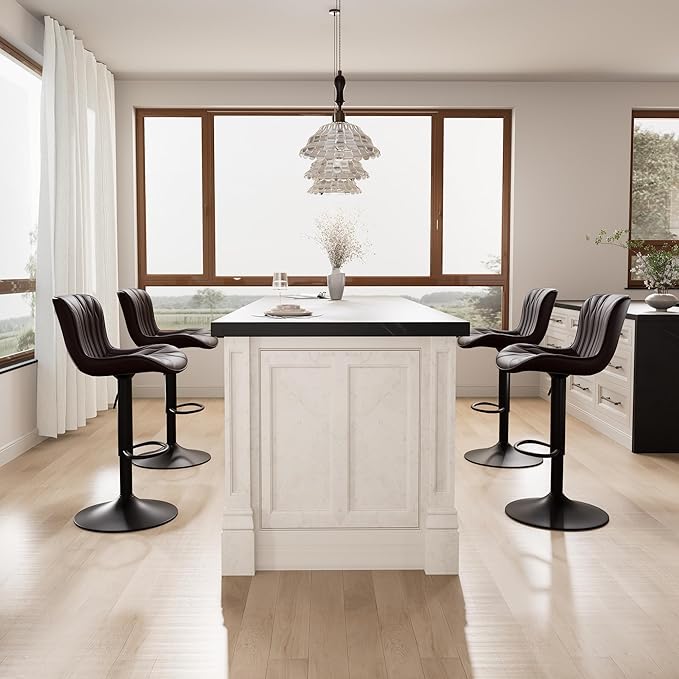 YOUNIKE Brown Bar Stools Set of 6 Modern Swivel Counter Height Bar Chair with Back Adjustable Kitchen Island Faux Leather Padded Barstools taburetes de bar Breakfast sillas para barra de cocina 6PCS