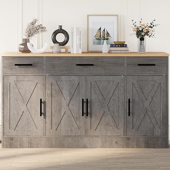 Shintenchi Sideboard Buffet Cabinet with Storage,53.4" Large Kitchen Buffet Storage Cabinet with 3 Drawers and 4 Doors,Wood Farmhouse Sideboard with Adjustable Shelf for Kitchen, Living Room,Grey