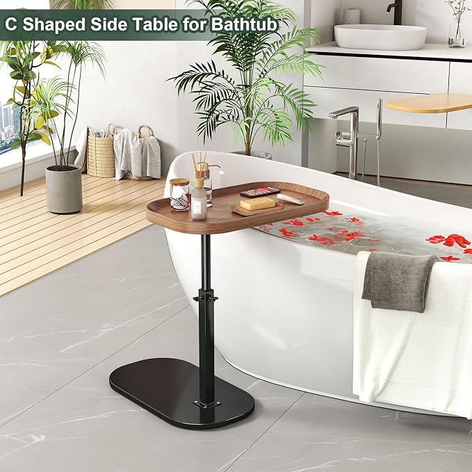 C Shaped Side Table Adjustable Height, 360°Swivel C Shaped End Table, Couch Side Tables That Slide Under, Small Coffee C Table End Table for Sofa/Bed/Bathtub, Rotating Elevate Tabletop (walnut)