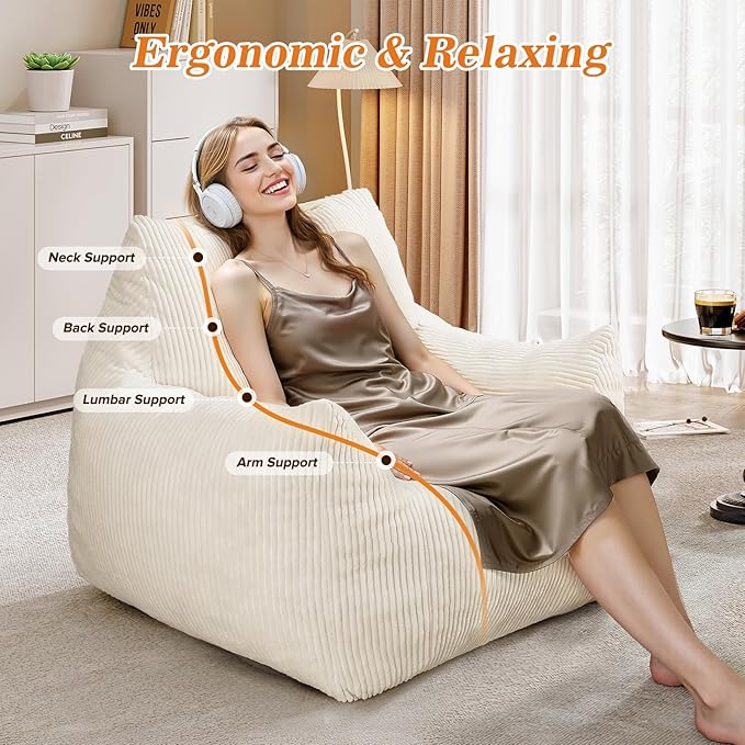 Big Bean Bag Chair for Adults & Kids, Ultra Soft Living Room Bean Bag with Armrests & Ottoman, Stuffed BeanBag Floor Sofa for Napping, Gaming, Lounging, Beige