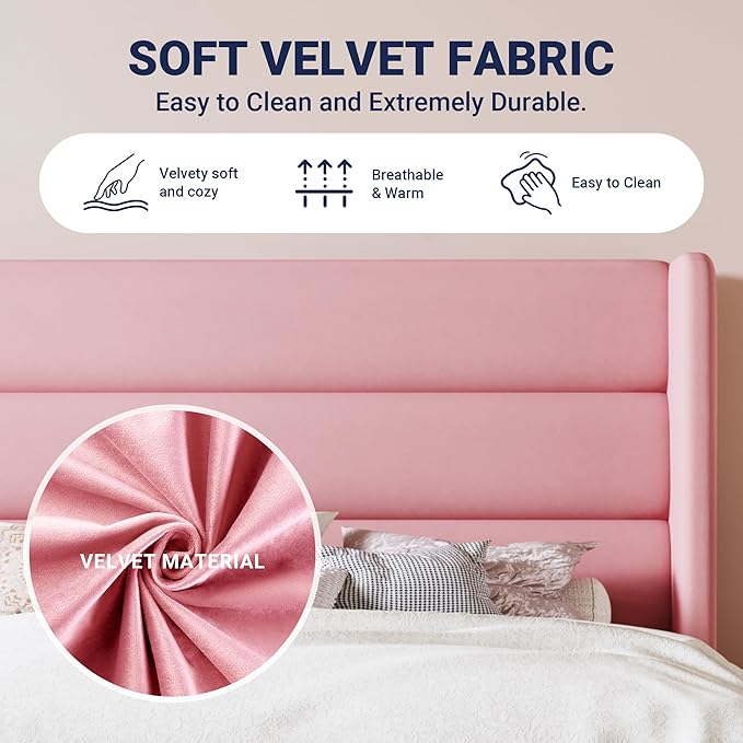 Allewie Queen Size Platform Bed Frame with Velvet Upholstered Wingback Headboard, No Box Spring Needed, Under Bed Storage Space, Strong Wooden Slats, Modern Mattress Foundation, Easy Assembly, Pink