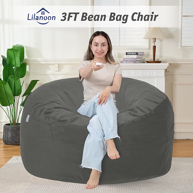 3FT Bean Bag Chair with Ultra Soft Velvet Cover Bean Bag Sofa with Memory Foam Bean Bag Chairs with Large Size Lazy Sofa for Dorm Office Living Room Bedroom Light Grey 3'