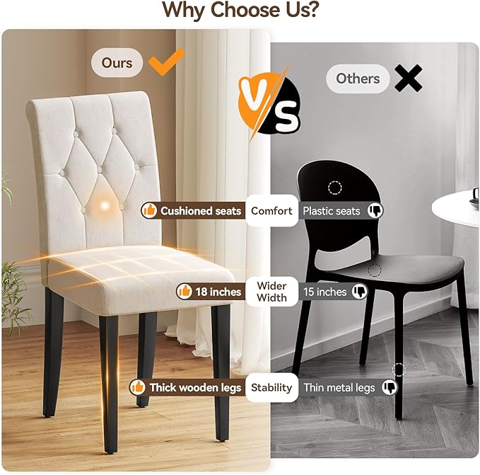 Upholstered Dining Chairs Set of 2, Modern Button Tufted Parsons Design with Solid Wood Legs, Soft Fabric Side Chairs Comfortable & Stylish, White