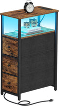 TUTOTAK Narrow LED Night Stand with Charging Station, Slim End Table with Plugins, Tall Side Table with 3 Fabric Drawer, Small Bedside Table with Storage, for Living Room, Brown TB01BB086L