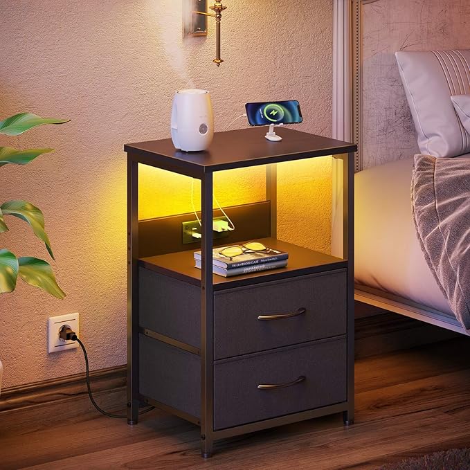 Seventable Nightstand Set of 2 with Charging Station, Bedside Table with LED Lights, Night Stand with 2 Fabric Drawers, 3-Tier Storage End Table for Bedroom, Black
