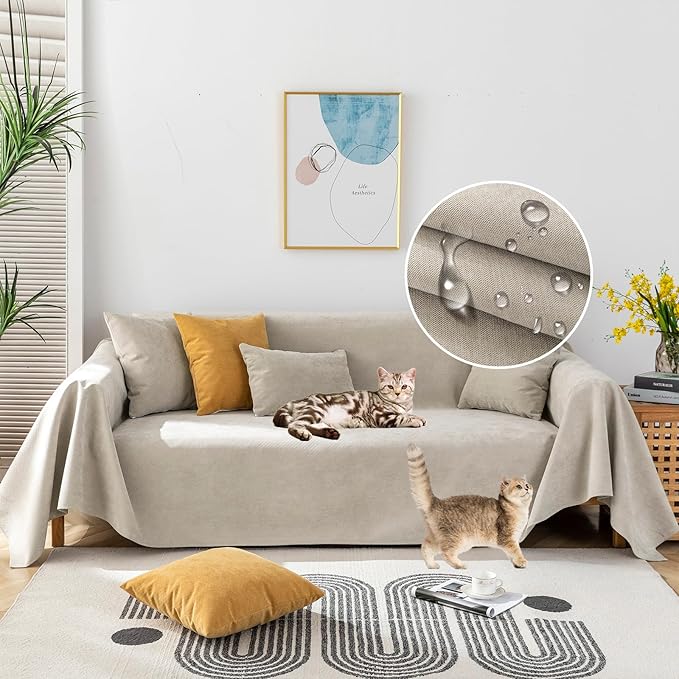 STACYPIK 100% Waterproof Beige Sofa Cover for Dogs, Anti-Cat Scratch Couch Covers for Pets, Non-Slip Couch Covers for 2 Cushion Couch, Washable Loveseat for Sectional, Furniture Protector-71X71IIN