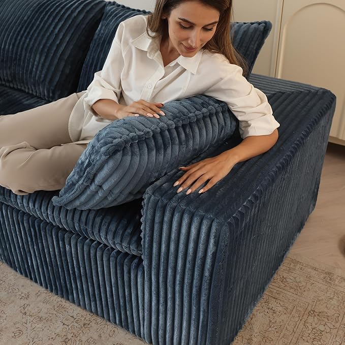 118.2" L Shaped Modular Sectional Cloud Couch with Ottoman, Plush Corduroy Upholstered Compression Sofa, 4-Seat Deep Seat Boneless Sofa Couches with Throw Pillow