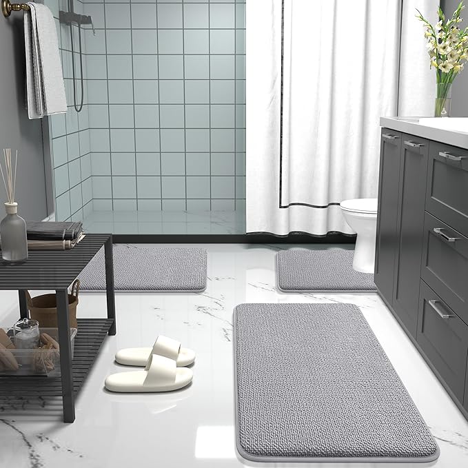 OLANLY Thick Memory Foam Bath Mat Rug 50x30, Extra Soft Absorbent Bathroom Rugs, Quick Dry Bath Mats, Non-Slip, Machine Washable Carpet for Bathroom, Tub and Shower, Home Decor Accessories, Grey