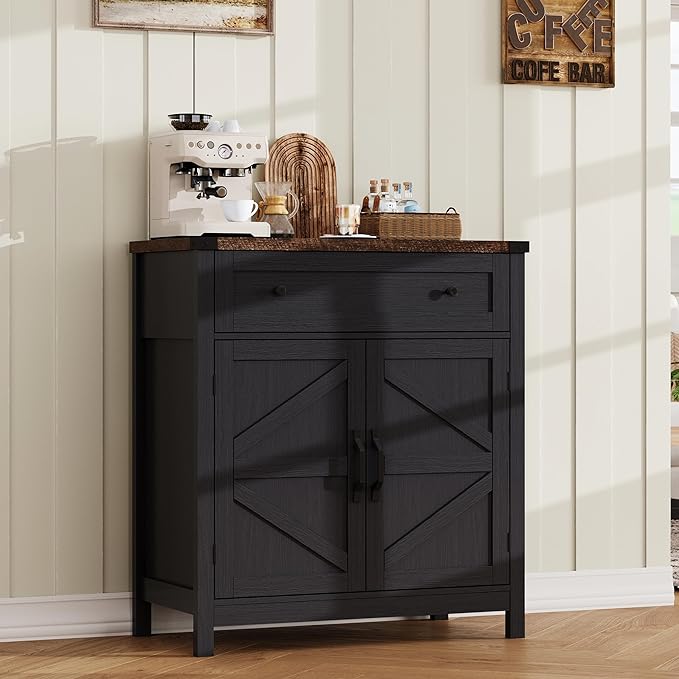 ChooChoo Kitchen Storage Cabinet, Coffee Bar Cabinet, Farmhouse Buffet Sideboard with Drawer for Kitchen, Living Room, Black