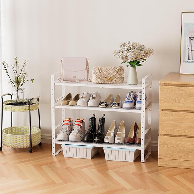 Expandable Stackable Aadjustable Shoe Rack Pantry Shelf for Kitchen Cabinets Counter Shelves Countertop Cupboard Storage Solution,Sturdy Heavy-Duty Metal Construction(2Packs/White/Large)