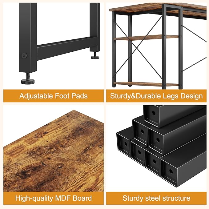L Shaped Computer Desk with Reversible Shelves, 40 Inch Small Corner Desk with Storage Bag, Gaming Desk Computer Table Study Writing Desk for Home Office Small Space, Rustic Brown