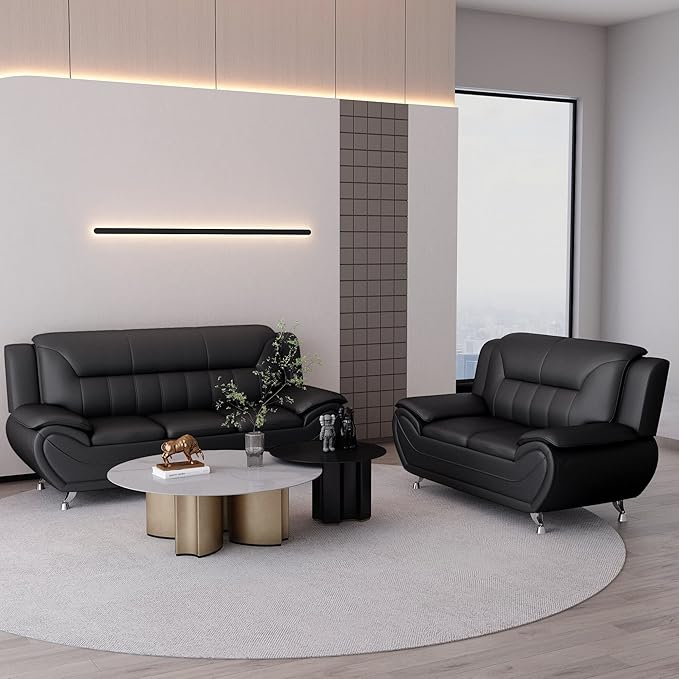 Container Furniture Direct Michael Modern Faux Leather Upholstered Stainless Steel Legs Living Room Sofa, Loveseat, Midnight