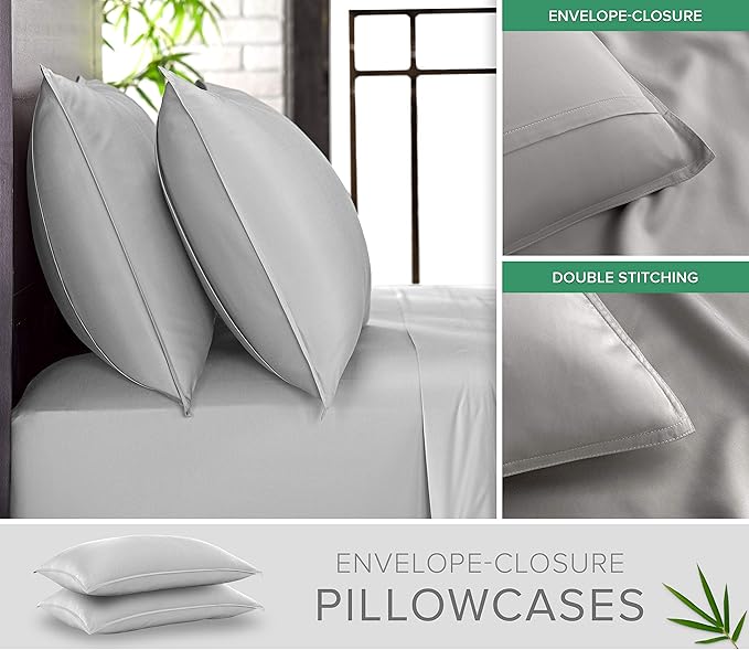 Queen Sheets by Pure Bamboo, Genuine 100% Organic Viscose Derived from Bamboo Bed Sheet Set, Luxuriously Soft & Cooling, Double Stitching, Lifetime Quality Promise (Queen, Silver Pearl)