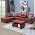 L-Shaped Sectional Sofa with Ottoman, Leather Modern Nail-Head Design with Cup Holder & Chaise for Living Room, Bedroom, Office, Red