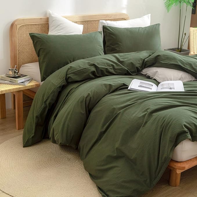 BESTOUCH Duvet Cover Set 100% Washed Cotton Linen Feel Super Soft Comfortable Chic Lightweight 3 PCs Home Bedding Set Solid Olive Green Super King