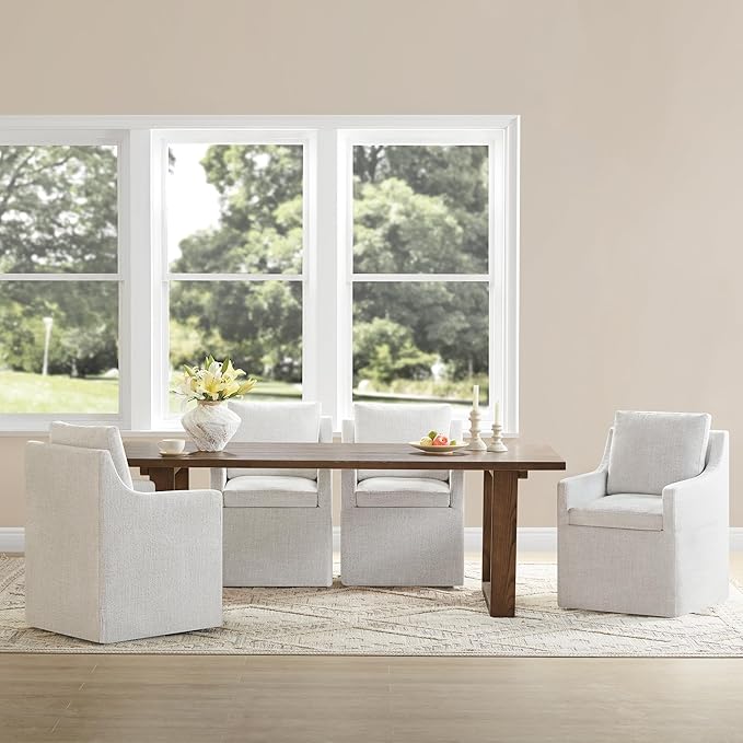 Upholstered Dining Chairs with Casters Easy Assembly Side Deskchair with Rollers for Diningroom, Living Room, Linen, 2 Box