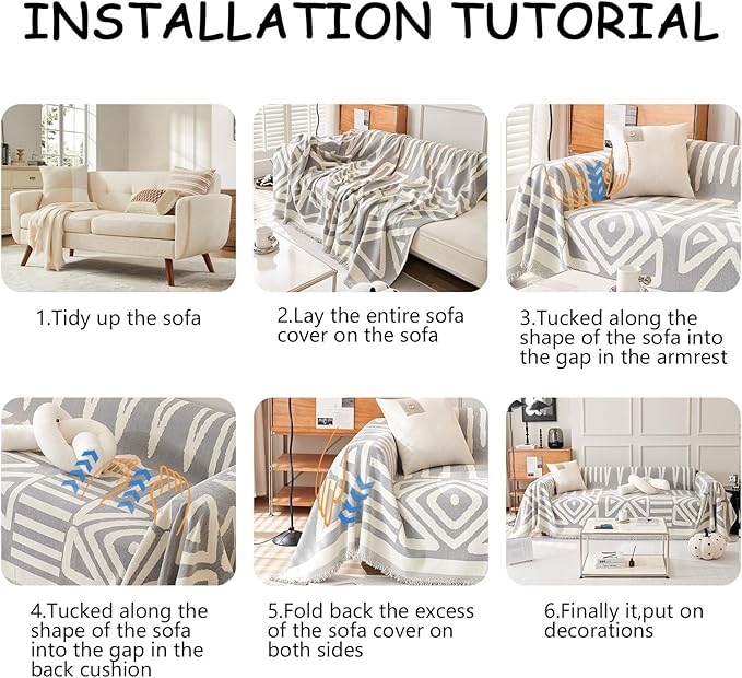HANDONTIME Grey Sofa Cushion Covers Boho Couch Sofa Covers Dog Couch Cover for Sofa Chenille Couch Sofa Slipcover for Pets Sofa Cover Thick Washable Sectional Slip Covers for Sofas/Couches, 91" X134"