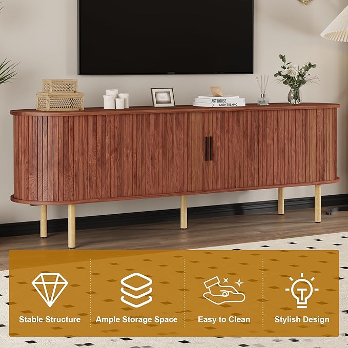 GarveeHome 70.1" TV Stand, Modern TV Console Table with Storage Compartment and Sliding Door, Gaming Entertainment Center with Cabinet for Living Room, Bedroom, Office, Walnut