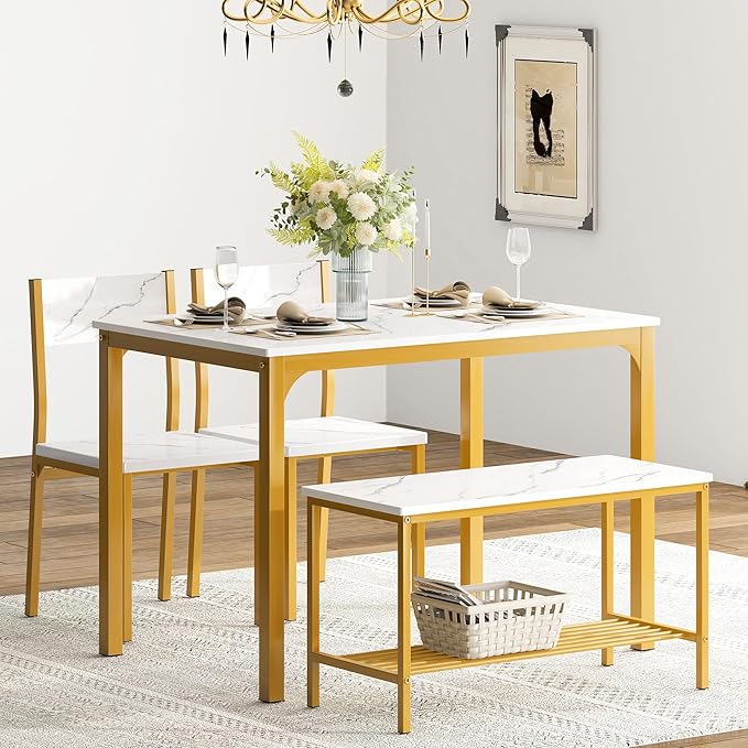 soges 4-Piece Dining Table Set with Bench - 4 Person Kitchen Table and 2 Chairs for Small Spaces, Apartment - Metal Frame & Woodgrain Tabletop, Space-Saving Design, Durable & Easy to Clean, Gold