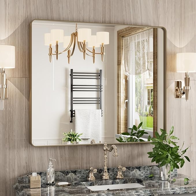 Bronze Bathroom Mirror 30x36 Inch, Brushed Bronze Metal Frame Mirror for Wall, Rounded Rectangle Bathroom Vanity Mirror with Tempered Glass, Anti-Rust, Horizontal/Vertical