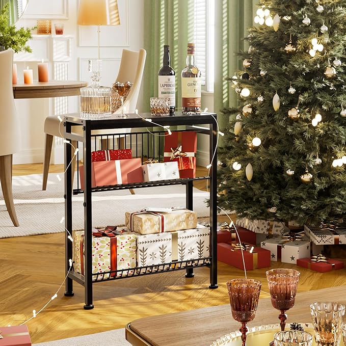 Narrow Side Table for Small Space, 3-Tier End Table with Magazine Holder, Slim Nightstand with Wire Shelf, Skinny Bedside Table in Living Room, Bedroom, Study, Kitchen and Balcony (Black)