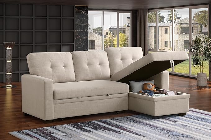 Devion Furniture Philly 4-in-1 Convertible L Shaped Couch with Pull Out Bed and Storage, Sectional Sleeper Sofa with Reversible Chaise for Living Room, Apartment, Bedroom, Office