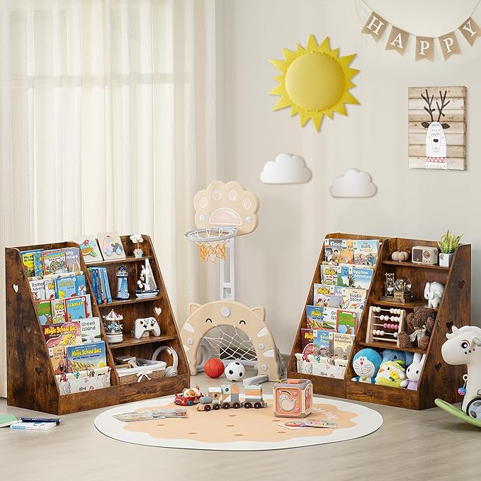 Lerliuo 4 Tier Kids Bookshelf and Storage Organizer, Five Layer Sling Children Bookcase, Baby Toddler Wooden Book Shelf, Display Cabinet for Playroom, Bedroom, Classroom, Nursery, School (Brown)