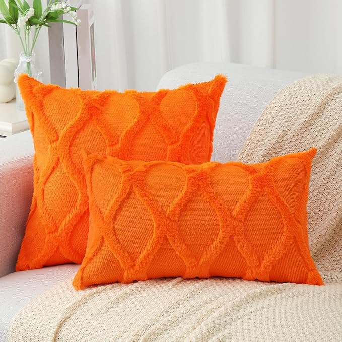 decorUhome Fall Throw Pillow Covers 16x16 Inch Set of 2, Soft Plush Faux Fur Wool Orange Couch Pillow Covers, Decorative Neutral Pillow Cases for Bed Sofa Living Room Home Decor