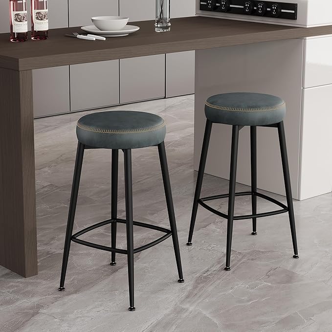 Counter Height Bar Stools, 26" H Backless Bar Stools Set of 8, Upholstered Faux Leather Kitchen Counter Stools, Mid Century Modern, Kitchen Island Home Bar, Pub, Black Blue