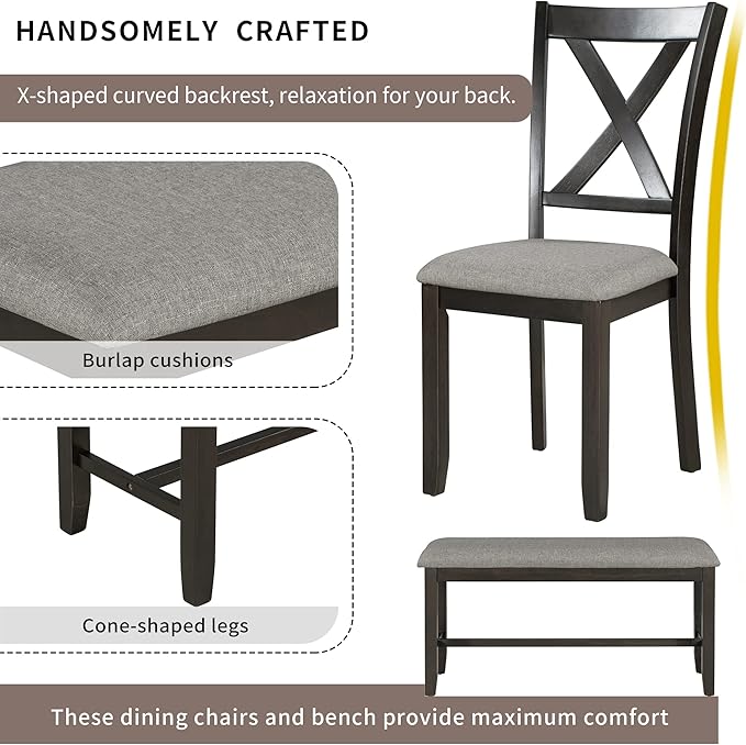 6 Pieces Dining Table Set with 60" Rectangle Kitchen Desk,Living Room Furniture W/ 4 "X-Shaped Curved Backres Fabric Chairs & 1 Bench,for Restaurant,Home Bistro,Espresso