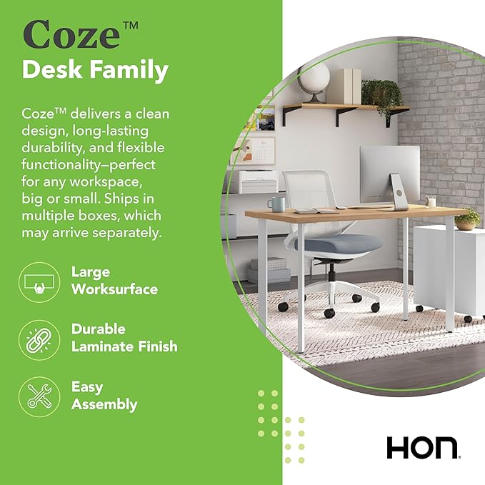HON Coze Home Office Desks, Sturdy Table Computer Desk, 48", Natural Recon Top, Black Base
