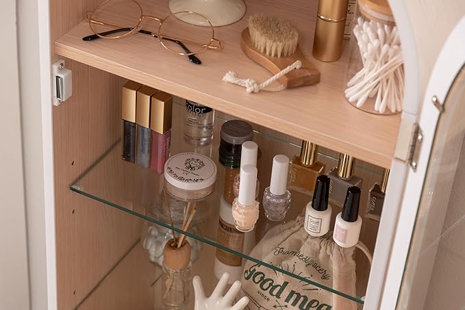 PaletteLife Arched Figurine-Case 4 Tier Collection Shelf, Oak Wood Grain with Glass Door and 2 Movable Glass Shelves, No Mirror, White, PT-621WH