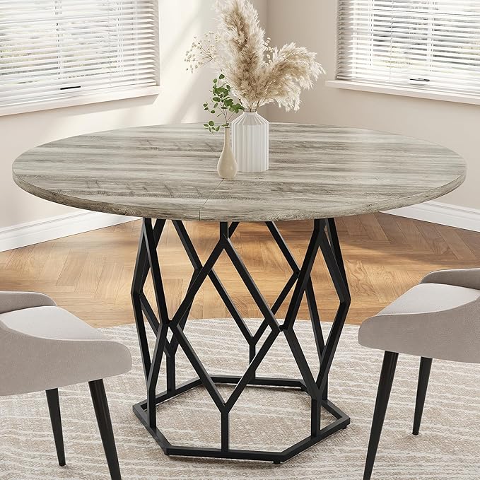 GarveeHome Round Dining Table for 4-6 People, 47 Inch Farmhouse Kitchen Table, Sturdy Metal Base, Industrial Wood Dinning Room Table for Kitchen, Grey